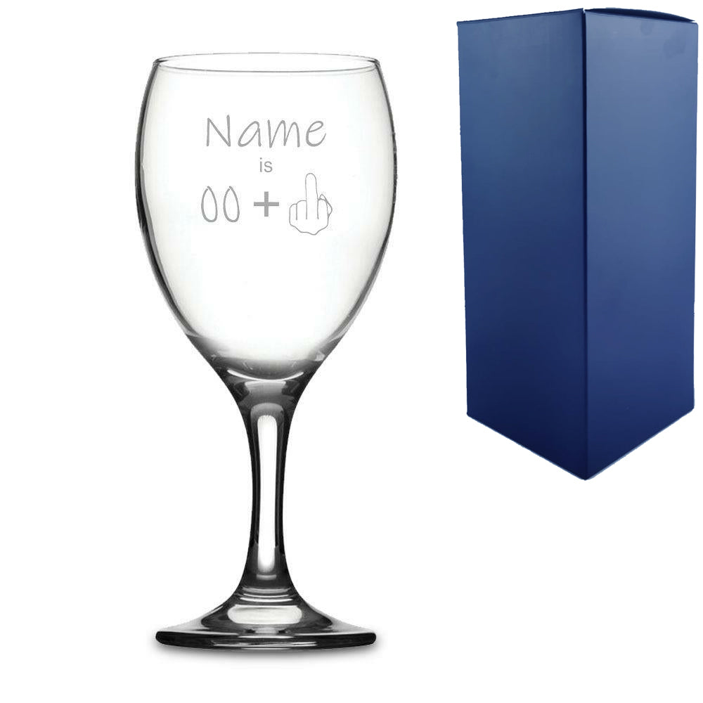 Engraved Funny Wine Glass with Name Age +1 Design Image 2