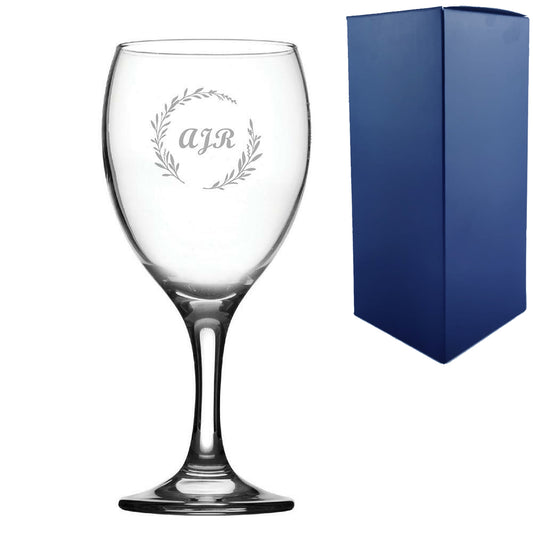 Engraved 12oz Imperial wine glass with wreath design - any Initials Image 1