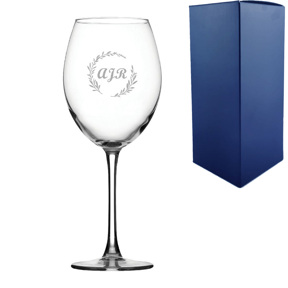 Engraved 19oz Enoteca wine glass with wreath design - any Initials Image 2