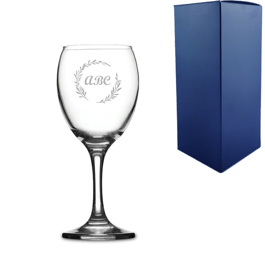 Engraved Novelty 9oz Imperial Wine Glass with Wreath Design - any Initials Image 1