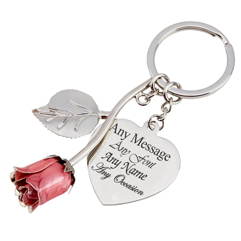 Engraved Silver Plated Pink Rose Keyring with Heart Pendant Image 2