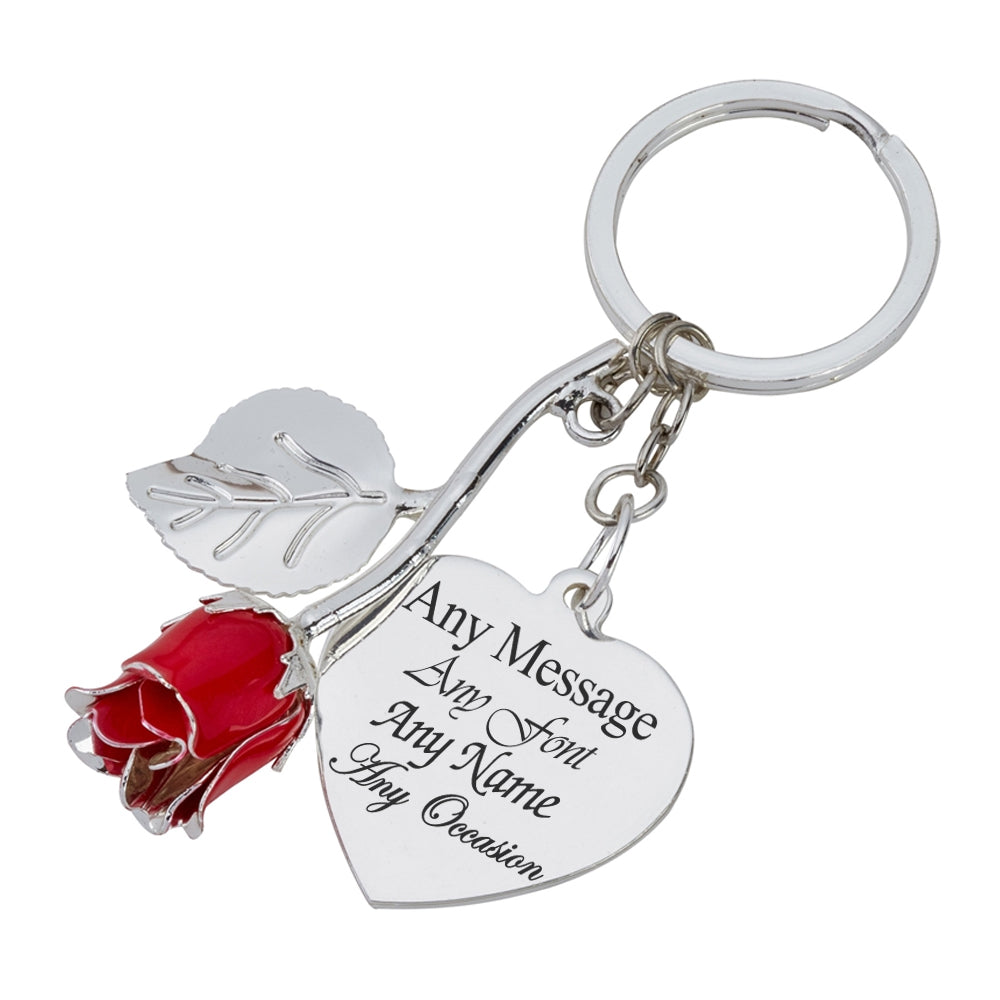 Engraved Silver Plated Red Rose Keyring with Heart Pendant Image 2