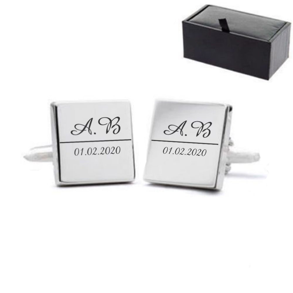 Engraved Square Cufflinks with Initial and Date Design Image 2