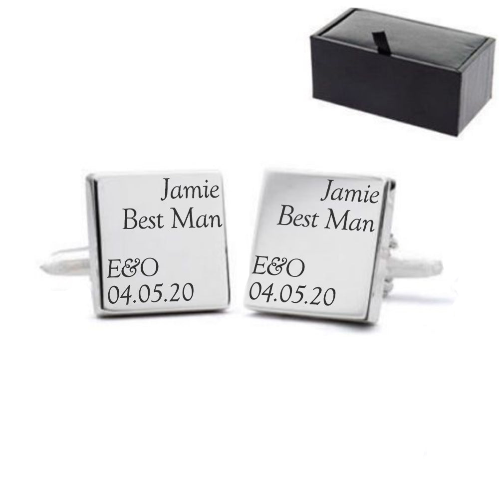 Engraved Square Cufflinks with Name and Role Wedding Design Image 2