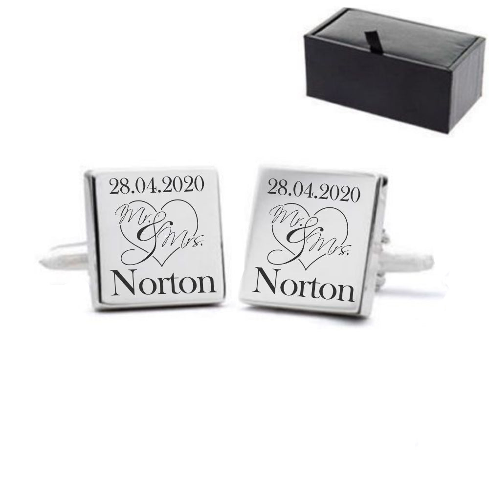 Engraved Square Cufflinks with Mr and Mrs Wedding Design Image 2
