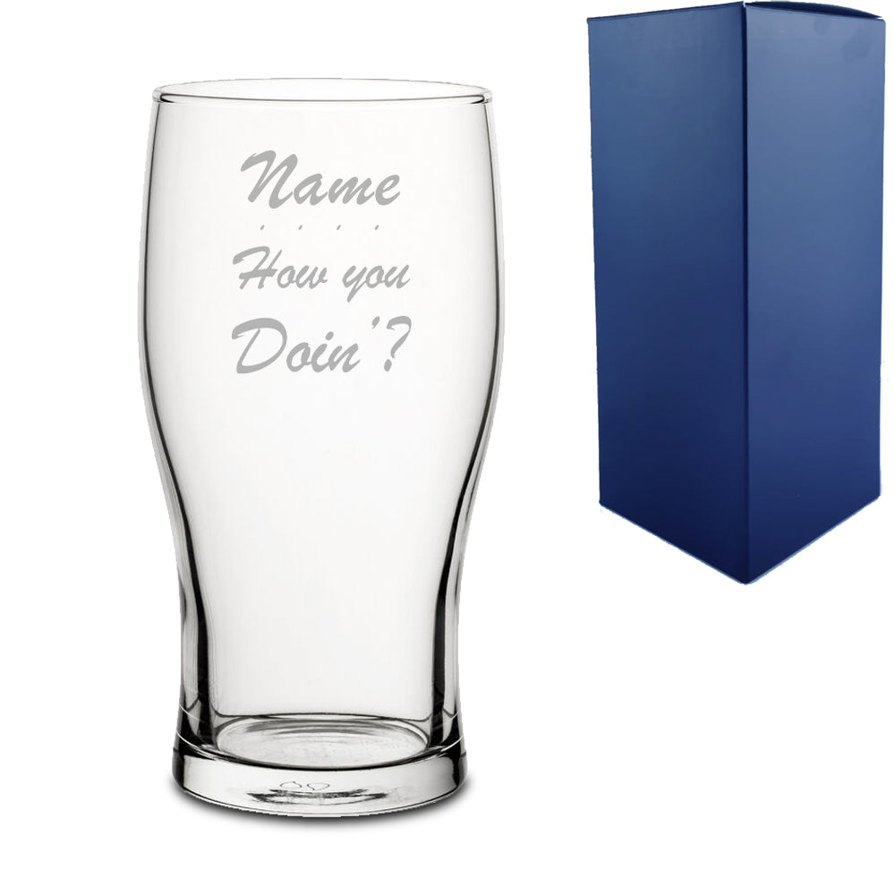 Engraved Funny "Name, How you doin'?" Novelty Pint Glass With Gift Box Image 2