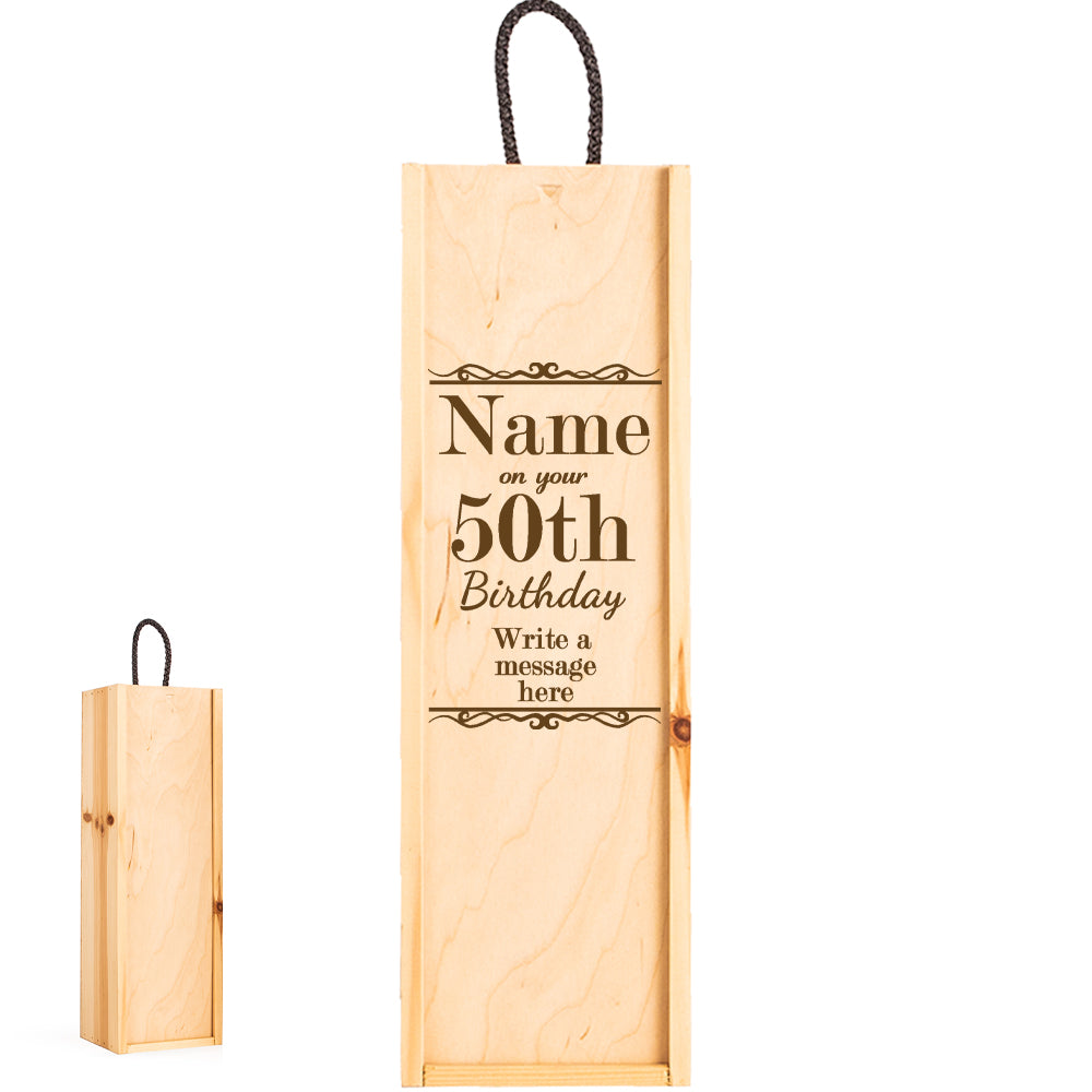 Personalised Engraved Wooden Wine Box with Birthday Design, to fit Standard Bottle of Wine or Champagne, Add Any Name, Age and Message Image 2