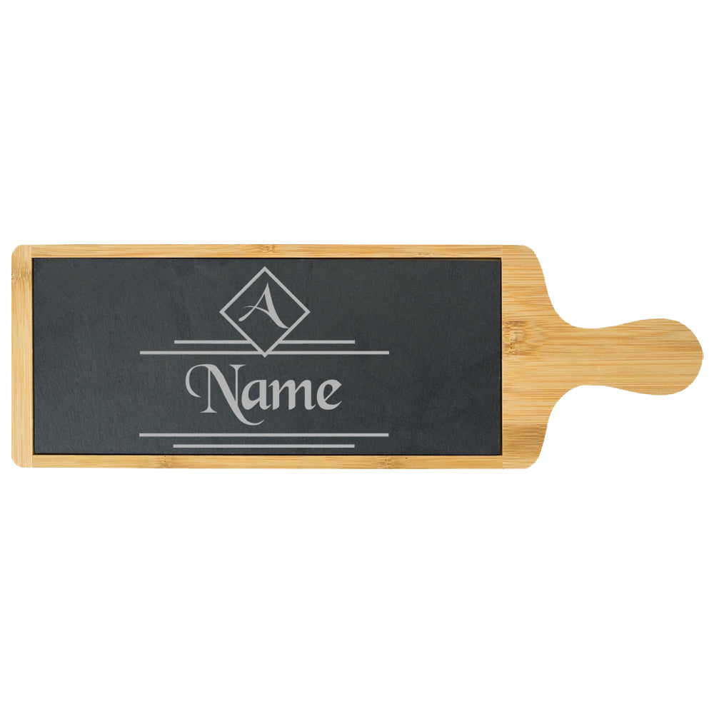 Engraved Bamboo and Slate Cheeseboard with Name and Initial Design Image 1
