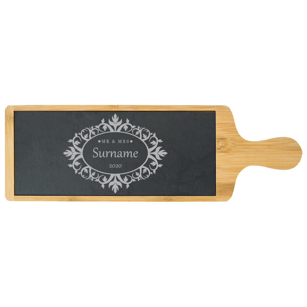 Engraved Bamboo and Slate Cheeseboard with Mr and Mrs Design Image 2