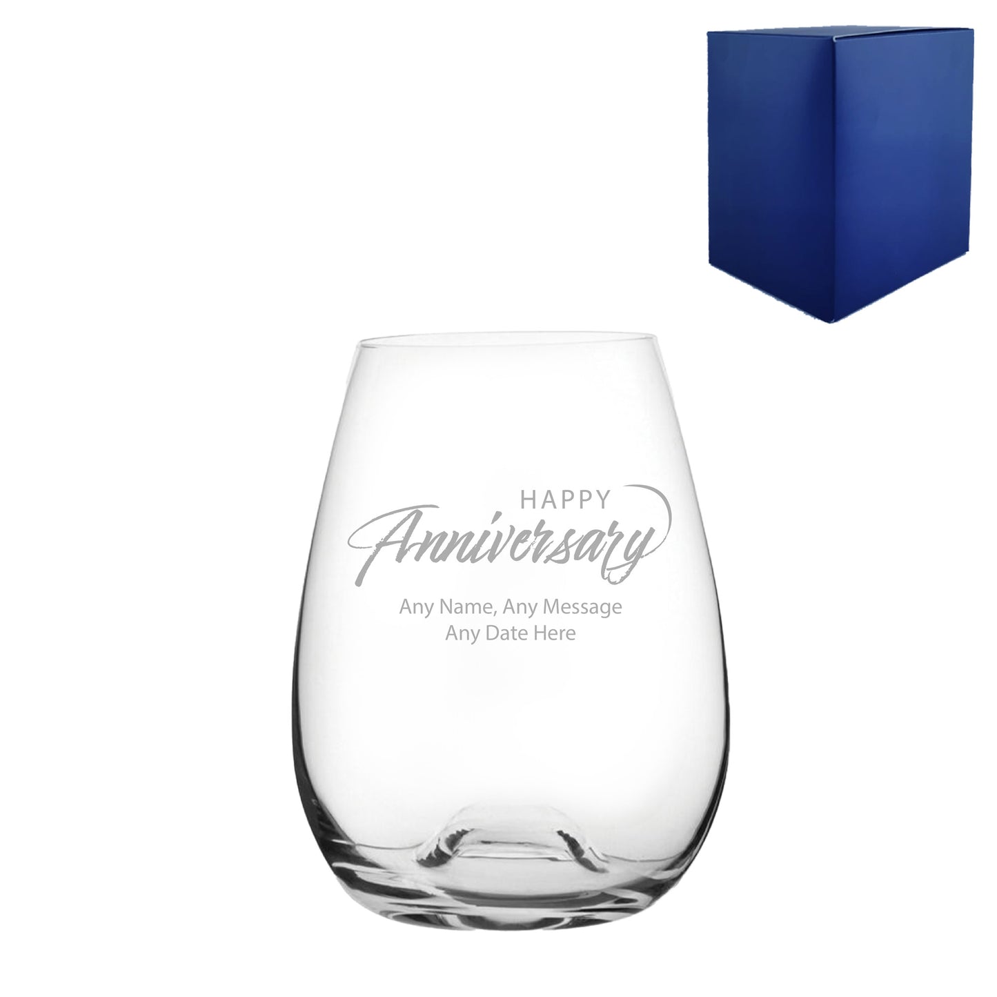 Engraved Happy Anniversary Stemless Wine Glass, Any Message, 15oz Bordeaux, Script Design Image 2