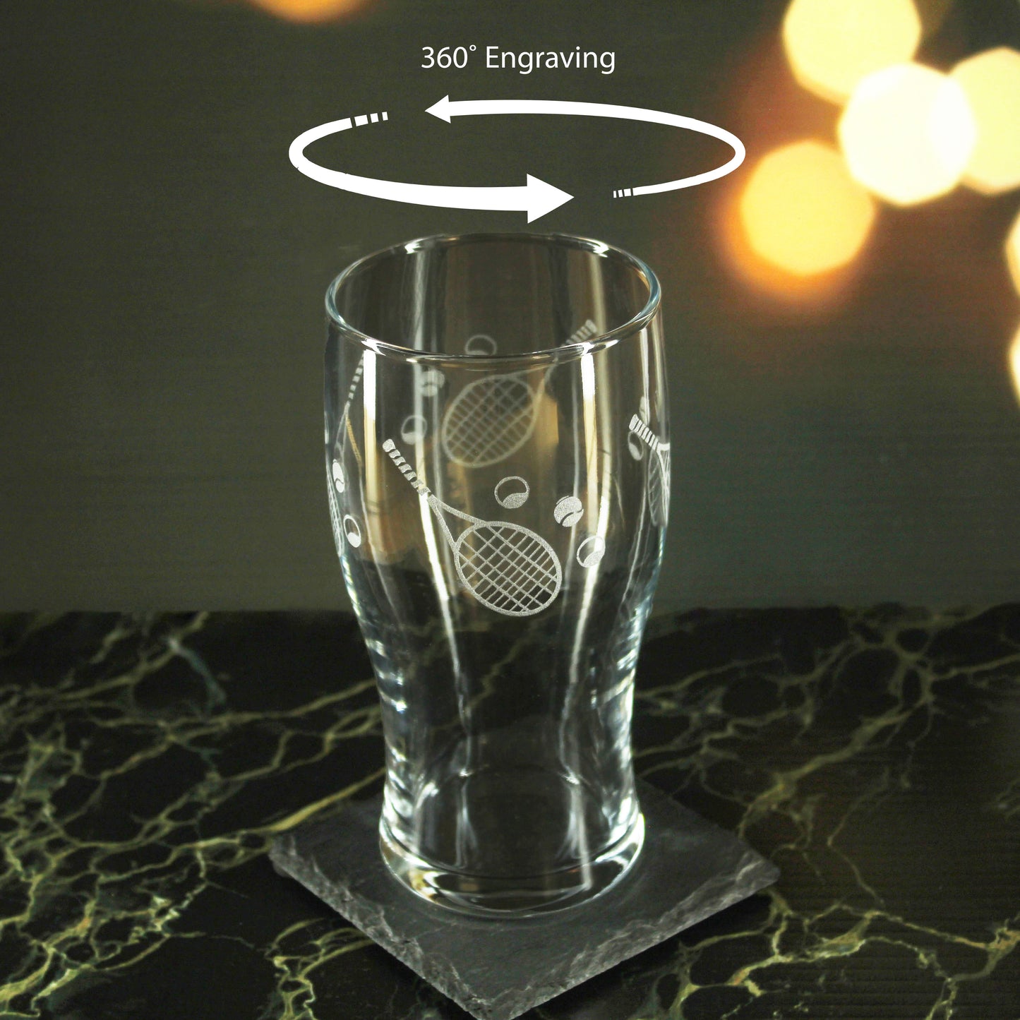 Engraved Tennis Pattern Pint Glass Set of 4, 20oz Tulip Glasses Image 4