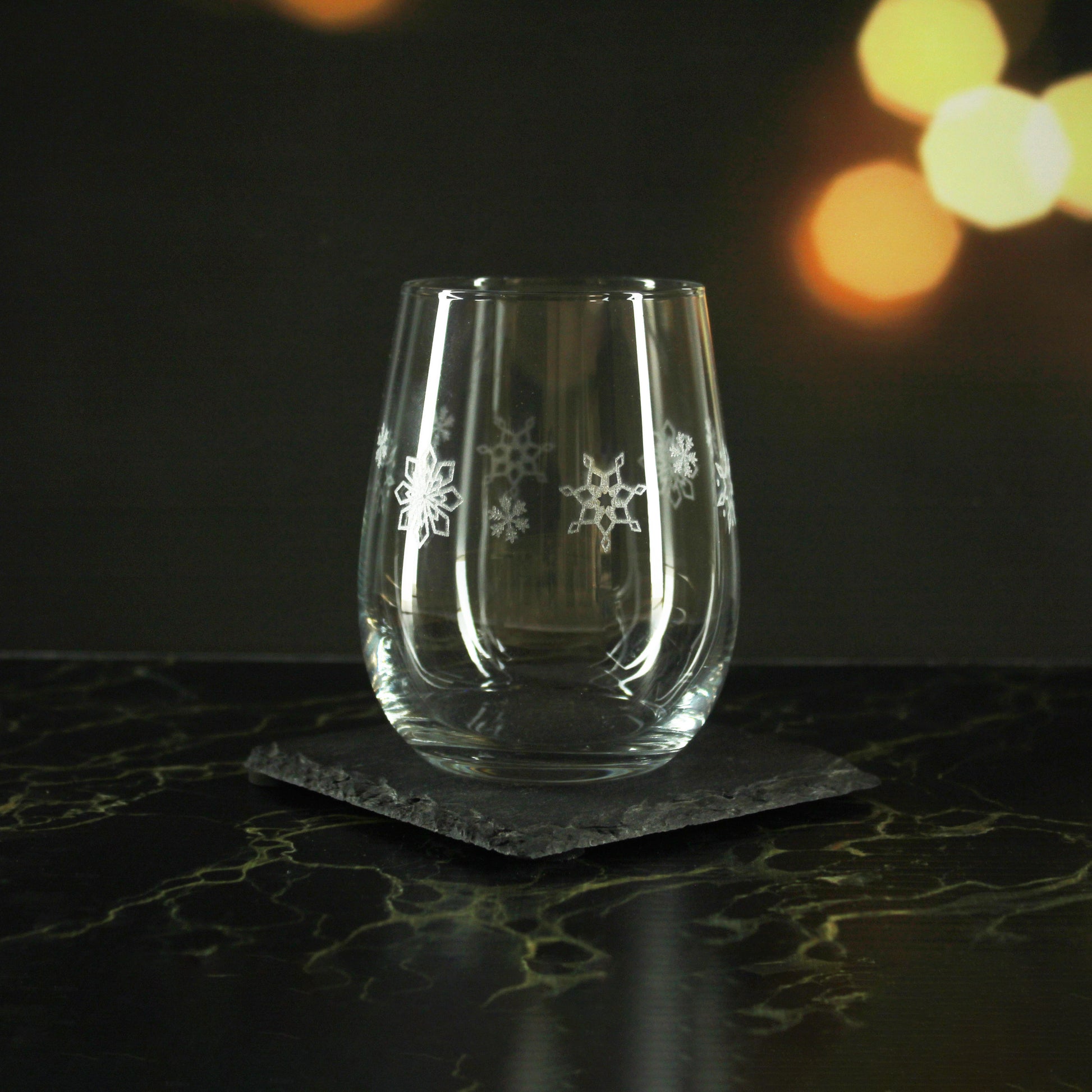 Engraved Snowflake Pattern Stemless wine, Gaia Set of 4, 12oz Image 3