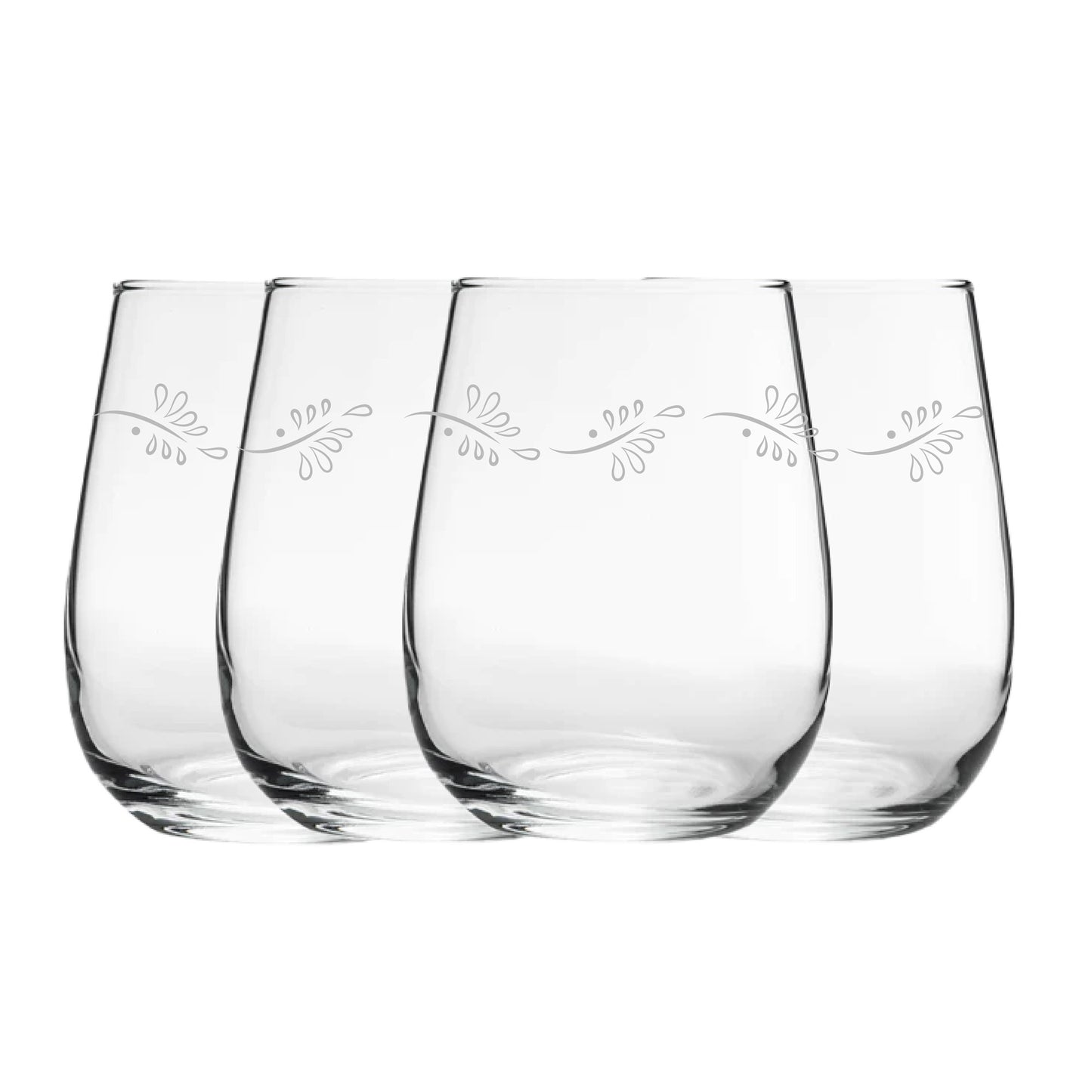 Engraved Leaves Pattern Set of 4 Gaia Stemless Wine 12oz Glasses Image 1