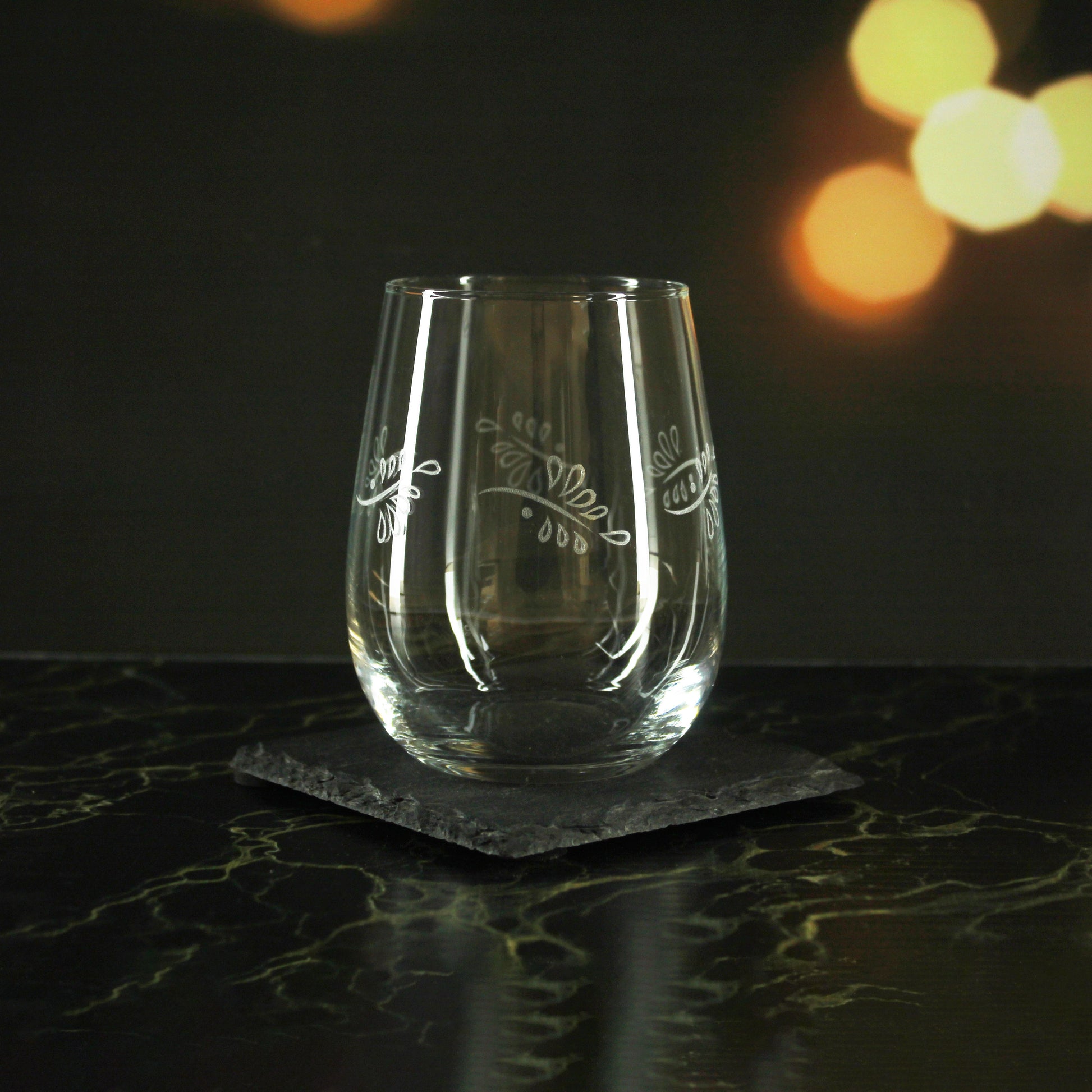 Engraved Leaves Pattern Set of 4 Gaia Stemless Wine 12oz Glasses Image 3