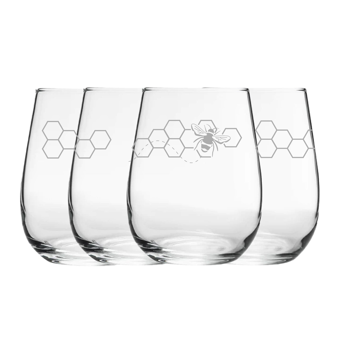 Engraved Bees Pattern Set of 4 Gaia Stemless Wine 12oz Glasses Image 2