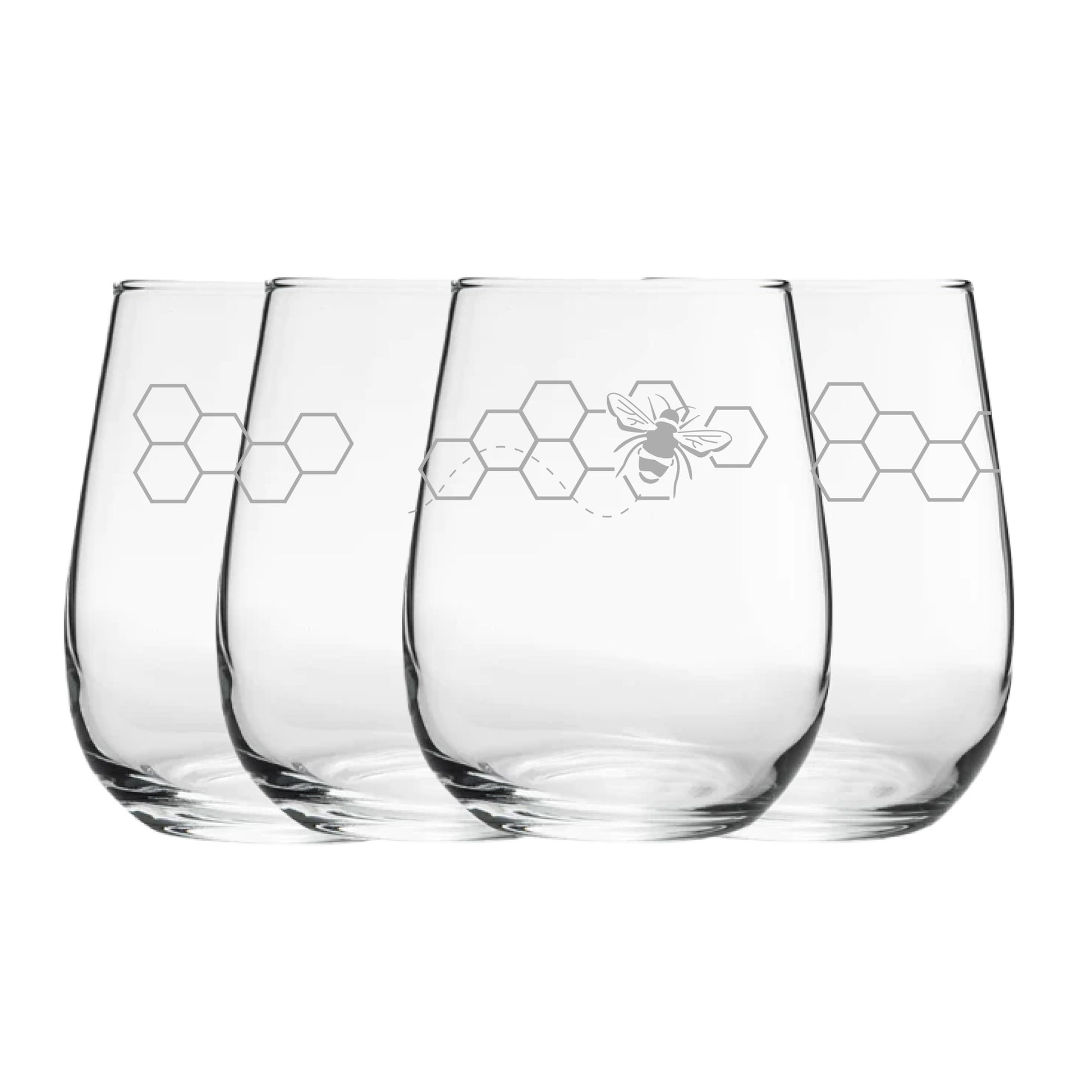 Engraved Bees Pattern Set of 4 Gaia Stemless Wine 12oz Glasses Image 1