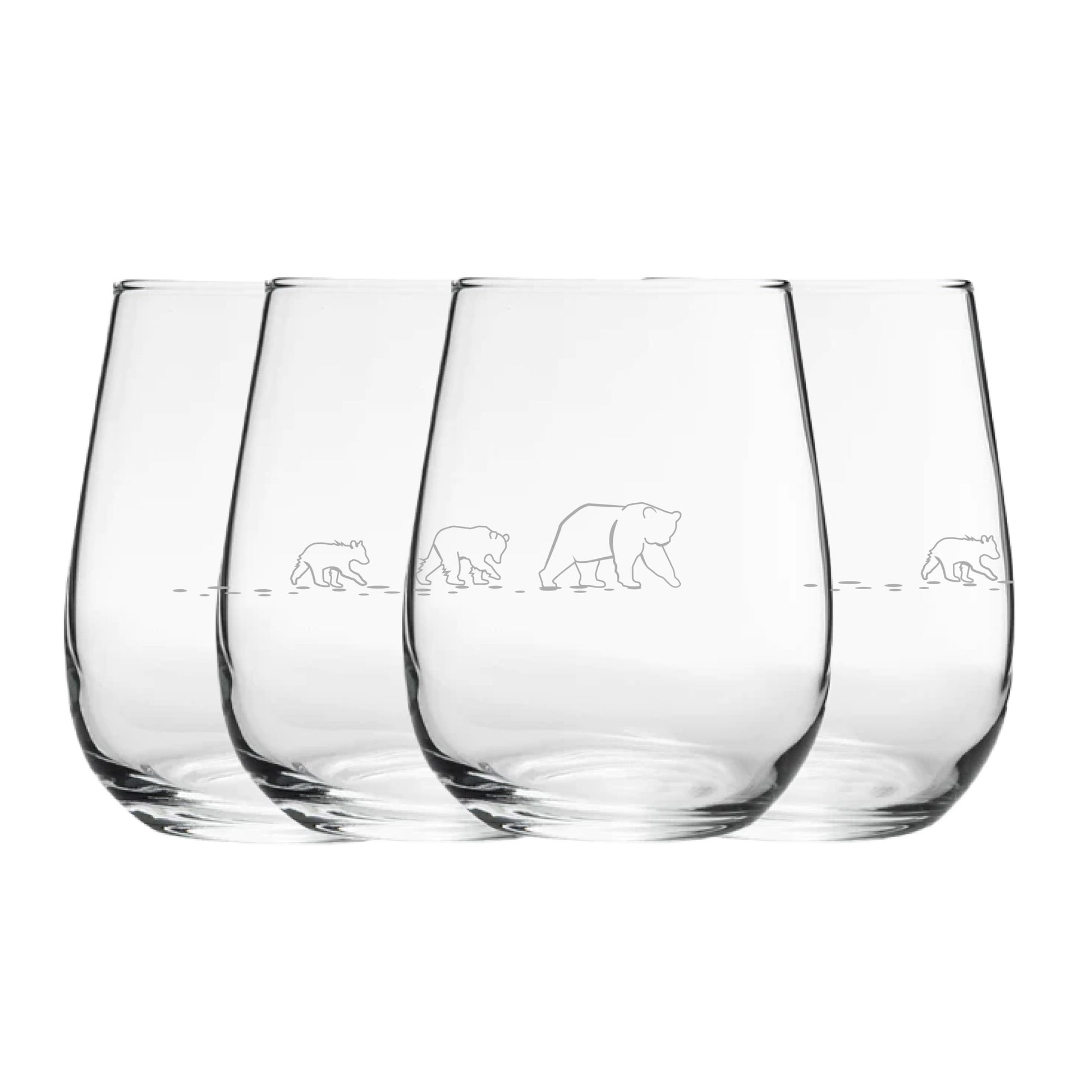Engraved Bear Pattern Set of 4 Gaia Stemless Wine 12oz Glasses Image 1