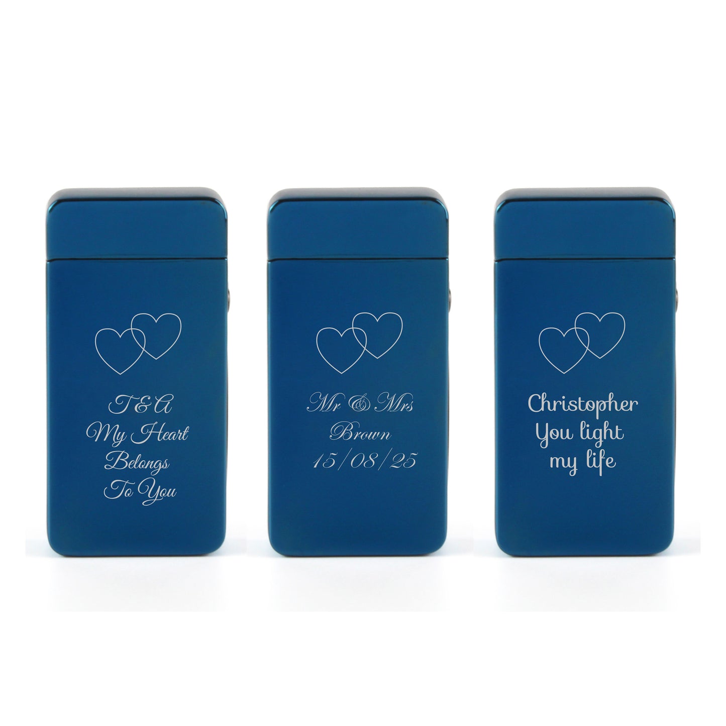 Engraved Electric Arc Lighter, Blue, Overlapping Hearts Image 4