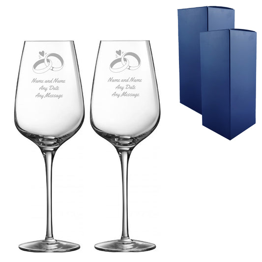Engraved Set of Sublym Wine Glasses, Wedding Rings, 15.8oz/450ml Image 1