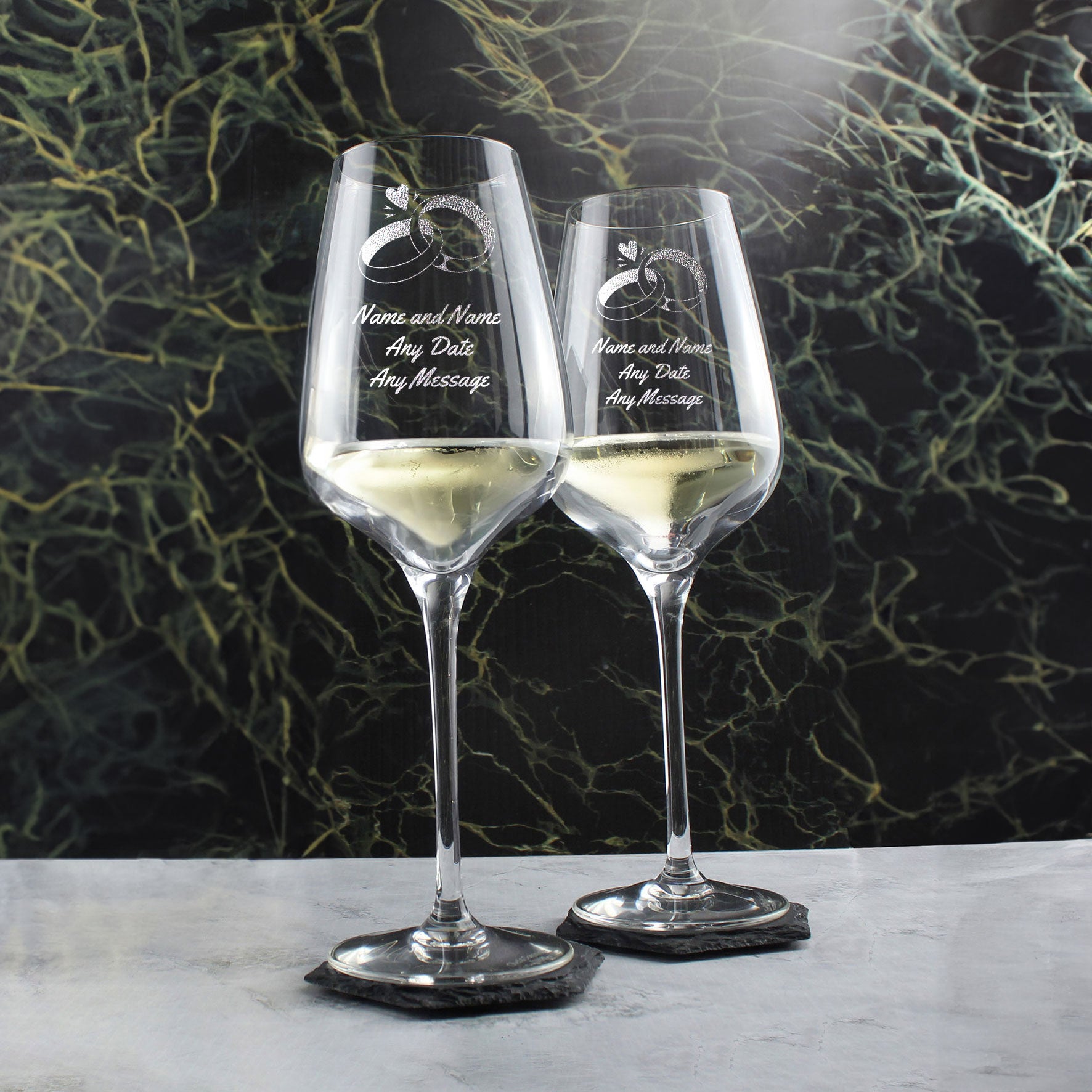 Engraved Set of Sublym Wine Glasses, Wedding Rings, 15.8oz/450ml Image 4