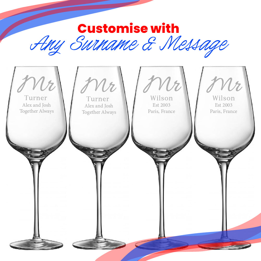 Engraved Mr and Mr Sublym Wine Glasses, 15.8oz/450ml, Elegant Font Image 5