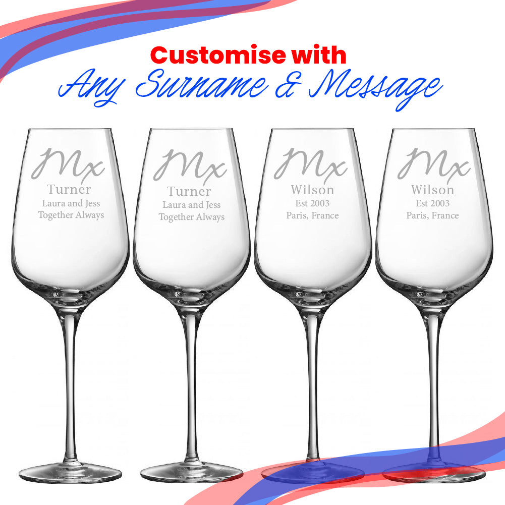 Engraved Gender Neutral Wedding Glasses, Mx and Mx, 15.8oz/450ml, Elegant Font Image 5