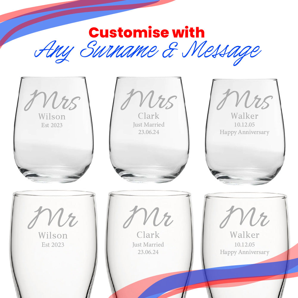 Engraved Mr and Mrs Beer and Stemless Wine Set, Elegant Font Image 5