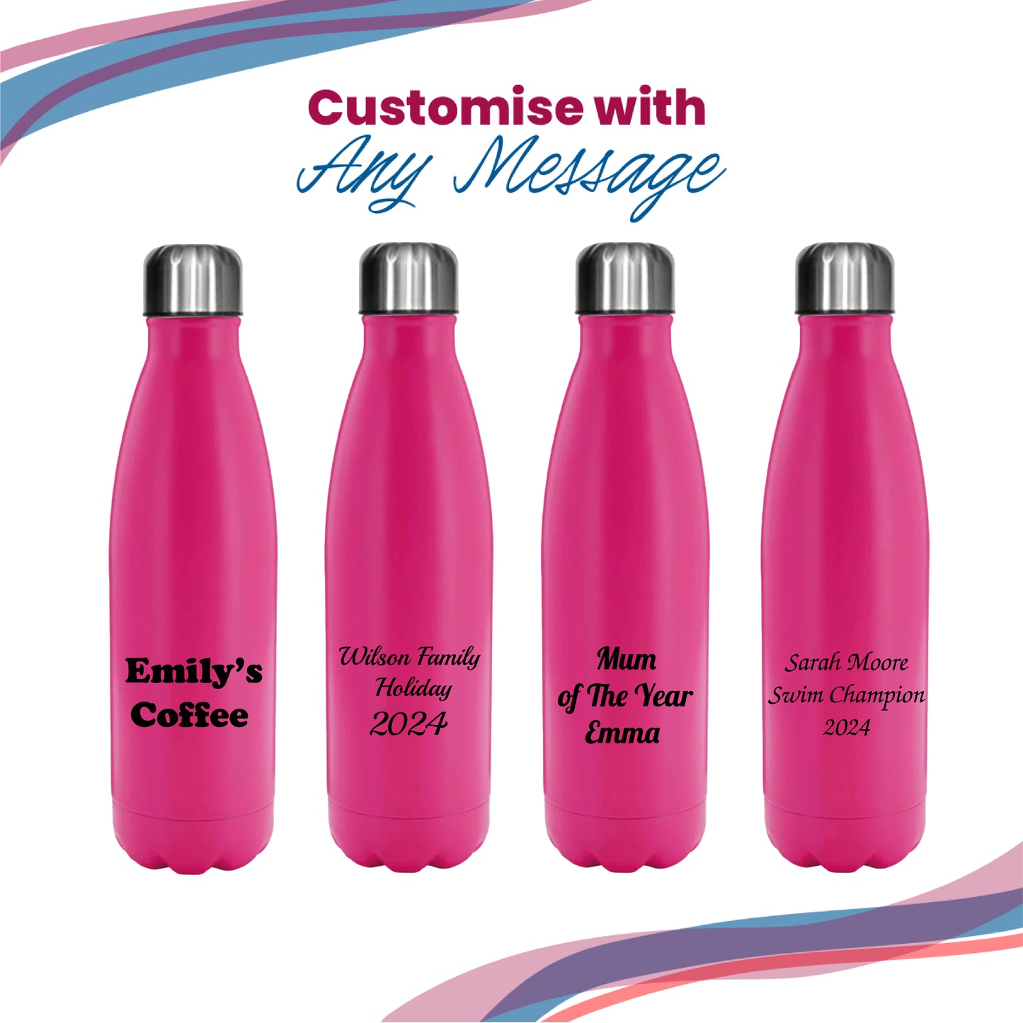 Printed Deep Pink Thermal Bottle, Any Message, Stainless Steel 500ml/17oz Image 5